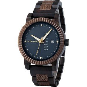 Mens Wooden Watch Analog Quartz with Week Display Wood Wrist Watch - Blue